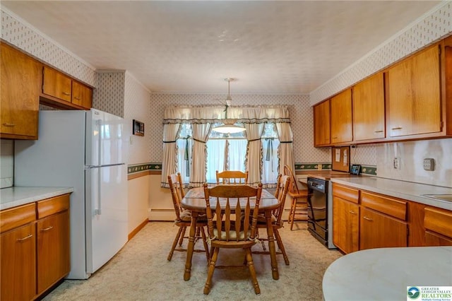 829 E Main St, Weatherly, PA 18255 - kitchen featuring wallpapered walls, freestanding refrigerator, brown cabinetry, black dishwasher, and light countertops