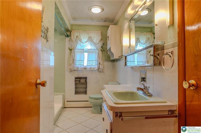 829 E Main St, Weatherly, PA 18255 - bathroom with baseboard heating, crown molding, tile patterned floors, toilet, and vanity