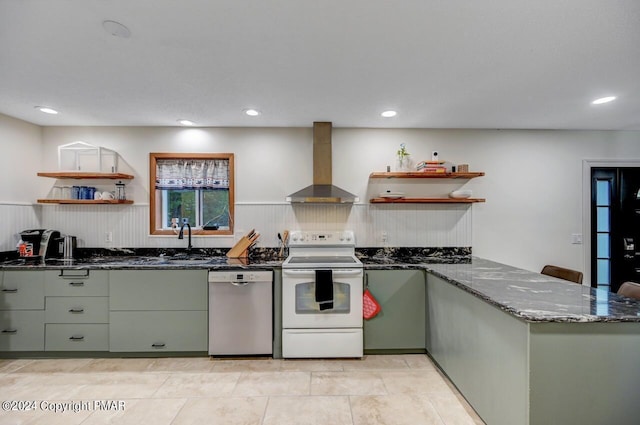 kitchen with open shelves, dark stone counters, electric stove, stainless steel dishwasher, and wall chimney exhaust hood