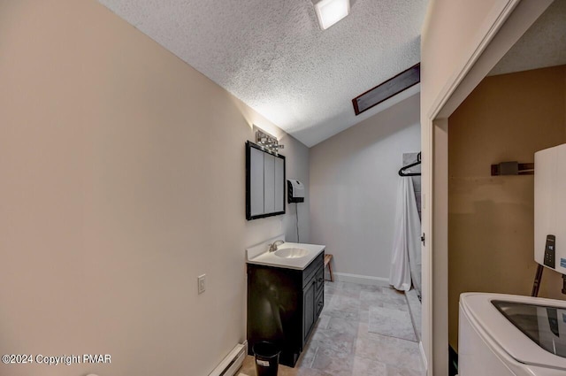 bathroom with vanity, baseboards, lofted ceiling, shower / bath combo, and a textured ceiling