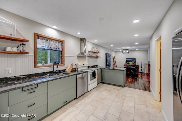 kitchen featuring open shelves, a sink, electric stove, stainless steel dishwasher, and wall chimney exhaust hood