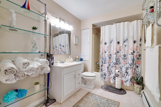 full bath featuring vanity, a baseboard radiator, tile patterned flooring, shower / bath combo with shower curtain, and toilet