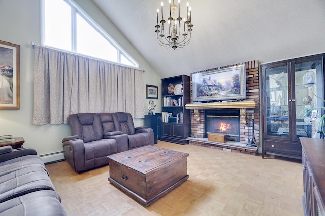 living room featuring a chandelier, a fireplace, high vaulted ceiling, and a baseboard radiator