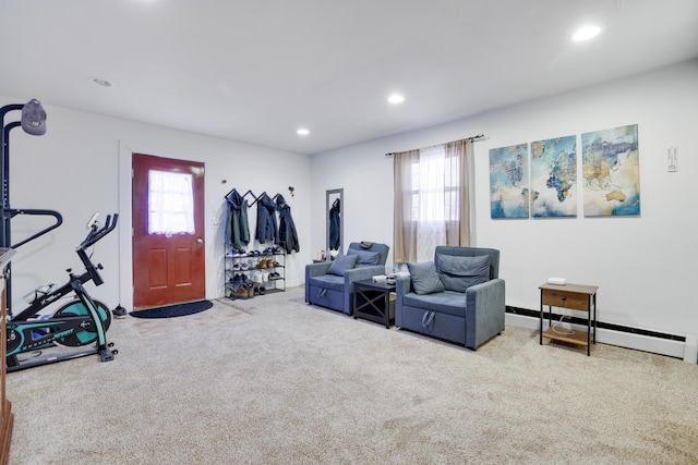 workout area featuring recessed lighting, carpet floors, and baseboard heating