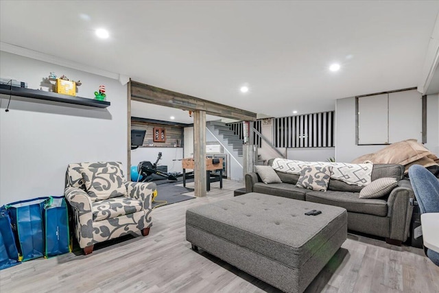 742 White Oak Rd, Cresco, PA 18326 - living area featuring stairway, recessed lighting, light wood-type flooring, and ornamental molding