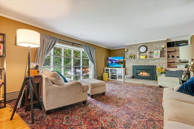 742 White Oak Rd, Cresco, PA 18326 - living room featuring ornamental molding, a stone fireplace, and wood finished floors