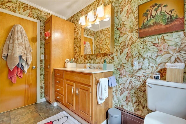 742 White Oak Rd, Cresco, PA 18326 - bathroom with wallpapered walls, ornamental molding, and vanity