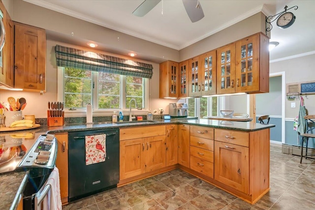 742 White Oak Rd, Cresco, PA 18326 - kitchen featuring dishwasher, stainless steel range with electric stovetop, a ceiling fan, ornamental molding, and glass insert cabinets