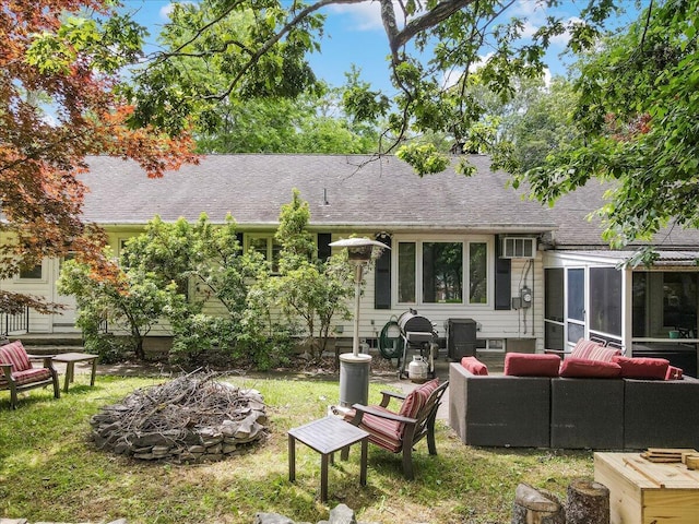 742 White Oak Rd, Cresco, PA 18326 - back of house with an outdoor living space with a fire pit, a shingled roof, and a sunroom