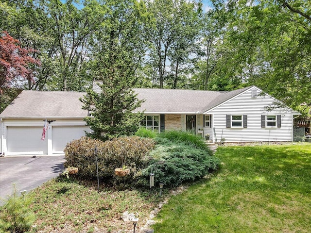 742 White Oak Rd, Cresco, PA 18326 - ranch-style home with driveway, an attached garage, a front yard, and a chimney