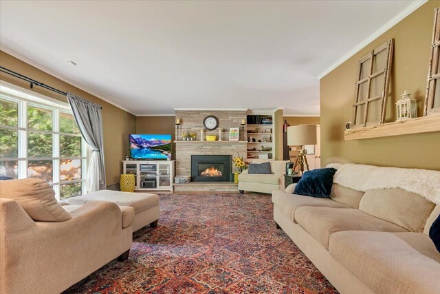 742 White Oak Rd, Cresco, PA 18326 - living area featuring crown molding and a fireplace