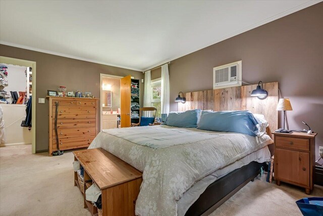 742 White Oak Rd, Cresco, PA 18326 - bedroom featuring a walk in closet, carpet floors, an AC wall unit, crown molding, and connected bathroom