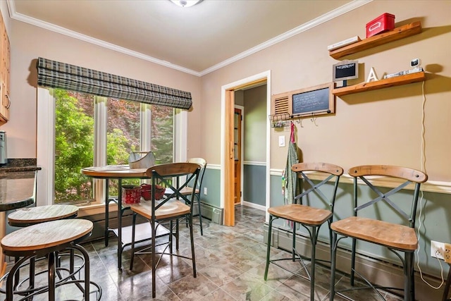 742 White Oak Rd, Cresco, PA 18326 - dining room featuring a baseboard heating unit and crown molding