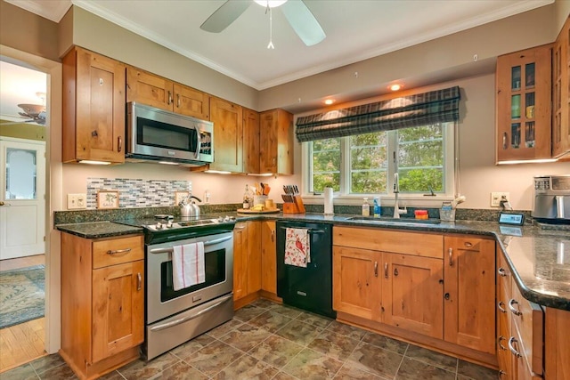 742 White Oak Rd, Cresco, PA 18326 - kitchen featuring appliances with stainless steel finishes, ceiling fan, crown molding, dark stone countertops, and brown cabinets