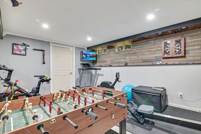 742 White Oak Rd, Cresco, PA 18326 - playroom featuring wood walls and recessed lighting