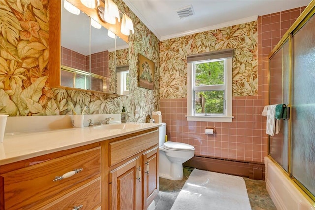 742 White Oak Rd, Cresco, PA 18326 - bathroom with wallpapered walls, vanity, tile walls, ornamental molding, and enclosed tub / shower combo