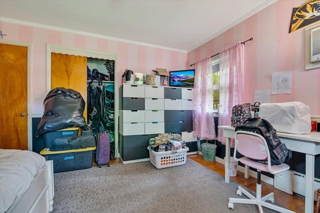 742 White Oak Rd, Cresco, PA 18326 - bedroom with ornamental molding, wood finished floors, and a desk