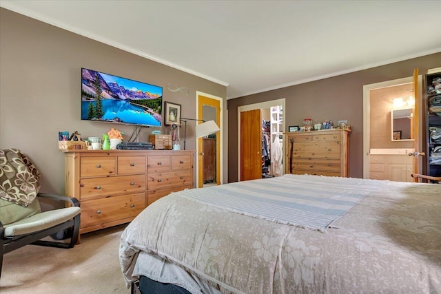 742 White Oak Rd, Cresco, PA 18326 - carpeted bedroom featuring crown molding and connected bathroom