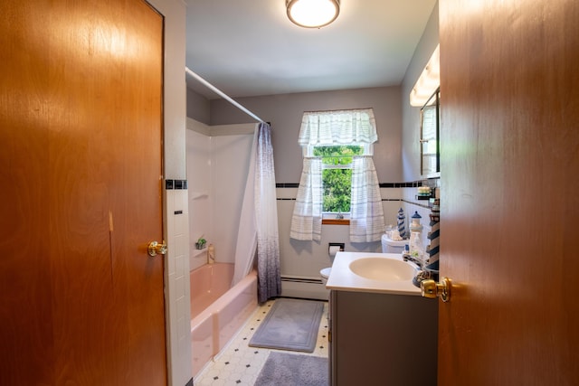 7035 Scenic Dr, Bloomsburg, PA 17815 - full bathroom with vanity, shower / bath combination with curtain, tile patterned floors, a baseboard radiator, and a wainscoted wall