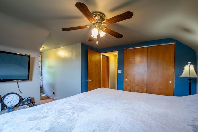 7035 Scenic Dr, Bloomsburg, PA 17815 - bedroom with a closet, vaulted ceiling, and a ceiling fan