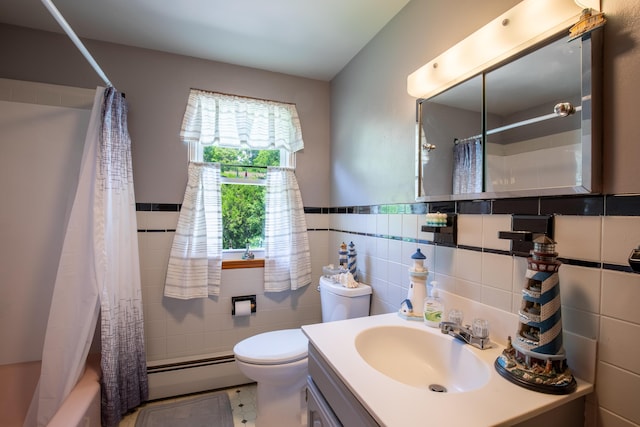 7035 Scenic Dr, Bloomsburg, PA 17815 - full bathroom featuring a baseboard heating unit, vanity, shower / tub combo with curtain, tile walls, and wainscoting