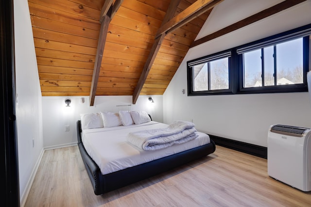 bedroom featuring light wood-style floors, wood ceiling, lofted ceiling with beams, and baseboards