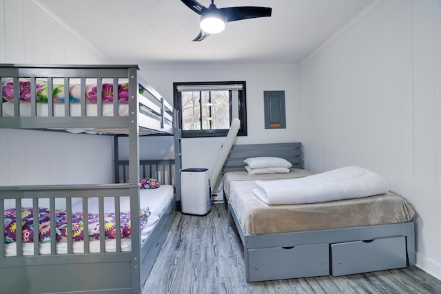 bedroom featuring electric panel, wood finished floors, ceiling fan, and ornamental molding