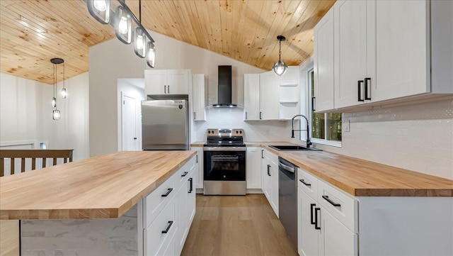 148 Acorn Ln, Kunkletown, PA 18058 - kitchen with wood counters, wall chimney exhaust hood, stainless steel appliances, wood ceiling, and tasteful backsplash