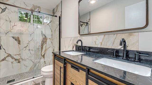 148 Acorn Ln, Kunkletown, PA 18058 - full bath with a marble finish shower, double vanity, tasteful backsplash, and marble finish floors
