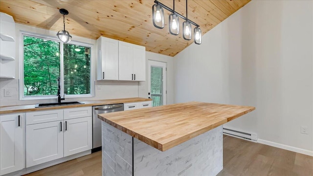 148 Acorn Ln, Kunkletown, PA 18058 - kitchen featuring wooden counters, dishwasher, wood ceiling, a baseboard heating unit, and light wood finished floors