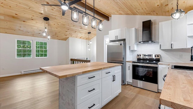 148 Acorn Ln, Kunkletown, PA 18058 - kitchen featuring wall chimney range hood, stainless steel appliances, butcher block counters, wooden ceiling, and light wood-style floors