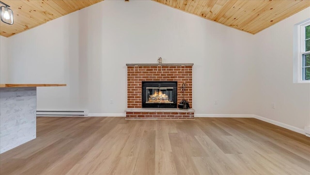 148 Acorn Ln, Kunkletown, PA 18058 - unfurnished living room with a baseboard heating unit, wooden ceiling, vaulted ceiling, wood finished floors, and a fireplace