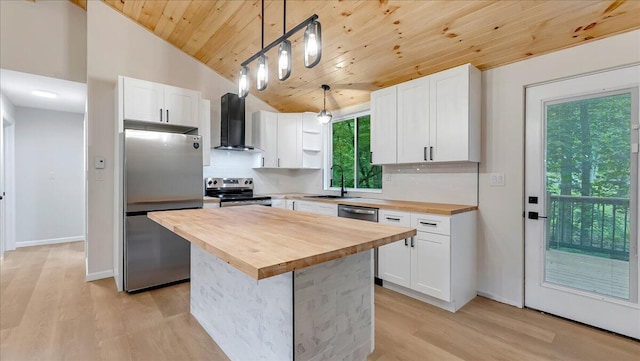 148 Acorn Ln, Kunkletown, PA 18058 - kitchen with wood counters, appliances with stainless steel finishes, wall chimney range hood, wooden ceiling, and light wood-type flooring