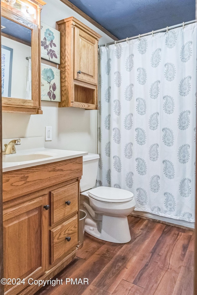 full bathroom with vanity, wood finished floors, toilet, and a shower with curtain