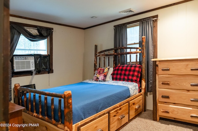 carpeted bedroom with visible vents, cooling unit, and ornamental molding