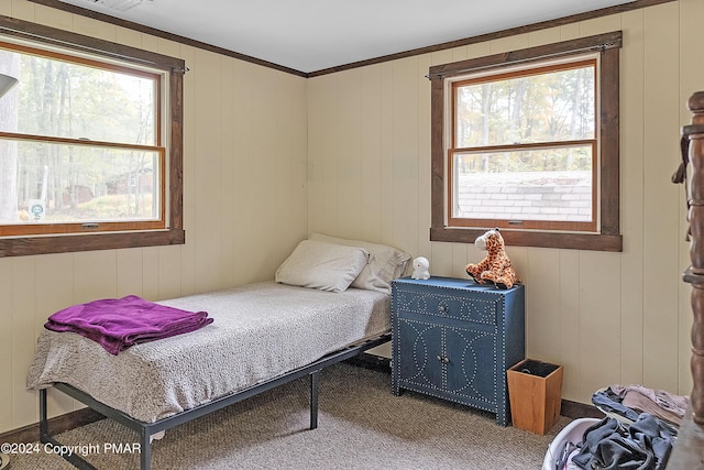 carpeted bedroom with crown molding