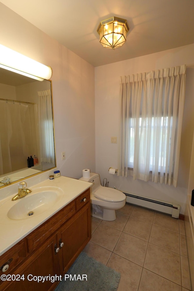 full bath with toilet, vanity, baseboard heating, and tile patterned floors