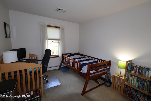 carpeted bedroom with a baseboard radiator and visible vents