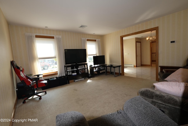 living area with carpet floors, a baseboard radiator, visible vents, tile patterned flooring, and wallpapered walls