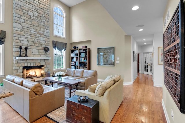 117 Morning Side Ter, East Stroudsburg, PA 18302 - living area with a stone fireplace, a healthy amount of sunlight, light wood-style floors, and baseboards