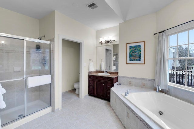 117 Morning Side Ter, East Stroudsburg, PA 18302 - bathroom featuring toilet, visible vents, a jetted tub, a shower stall, and vanity