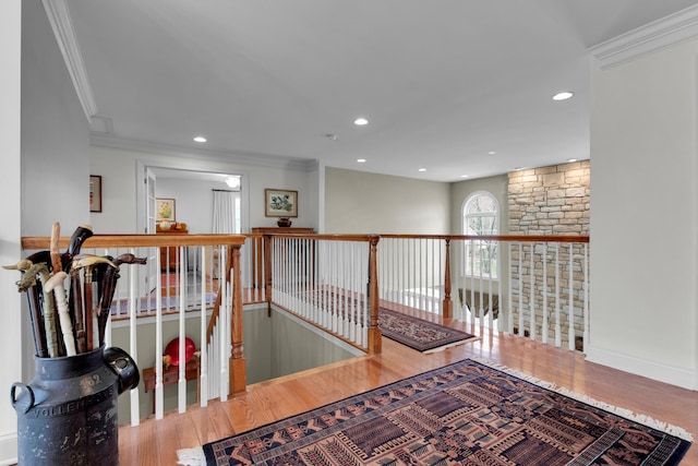 117 Morning Side Ter, East Stroudsburg, PA 18302 - corridor featuring recessed lighting, wood finished floors, ornamental molding, and an upstairs landing