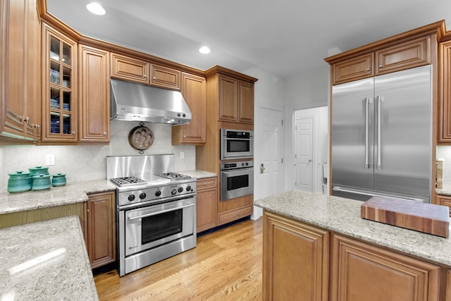 117 Morning Side Ter, East Stroudsburg, PA 18302 - kitchen featuring high end appliances, under cabinet range hood, backsplash, light wood-style floors, and light stone countertops