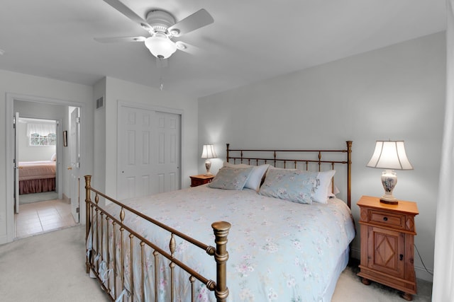117 Morning Side Ter, East Stroudsburg, PA 18302 - bedroom featuring visible vents, light carpet, a closet, ceiling fan, and ensuite bathroom