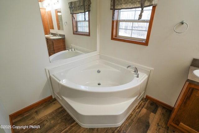 bathroom featuring vanity, a bath, wood finished floors, and baseboards