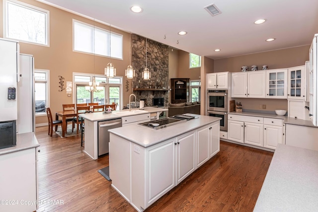 kitchen featuring visible vents, an island with sink, appliances with stainless steel finishes, wood finished floors, and a sink