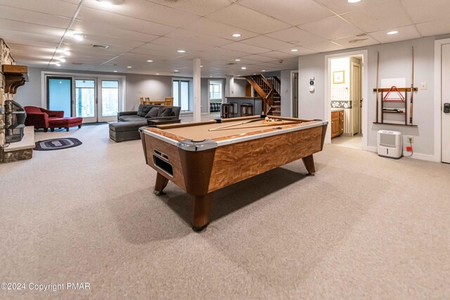 game room featuring visible vents, pool table, baseboards, recessed lighting, and a paneled ceiling