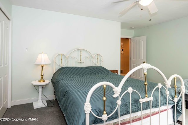 bedroom featuring carpet flooring, ceiling fan, and baseboards