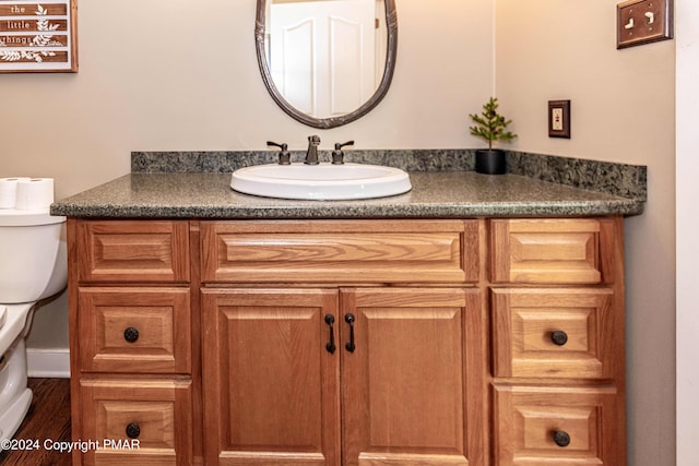 half bath featuring vanity, toilet, and wood finished floors