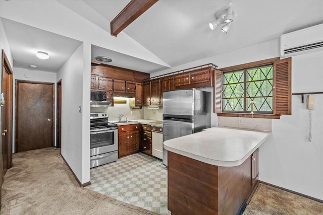1371 Brian Ln, Effort, PA 18330 - kitchen featuring stainless steel appliances, a wall mounted air conditioner, a peninsula, light countertops, and light colored carpet